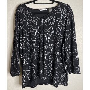 Nygard‎ Womens 2X Black Graphic Slinky Blouse Top 3/4 Sleeve Artsy Career Preppy